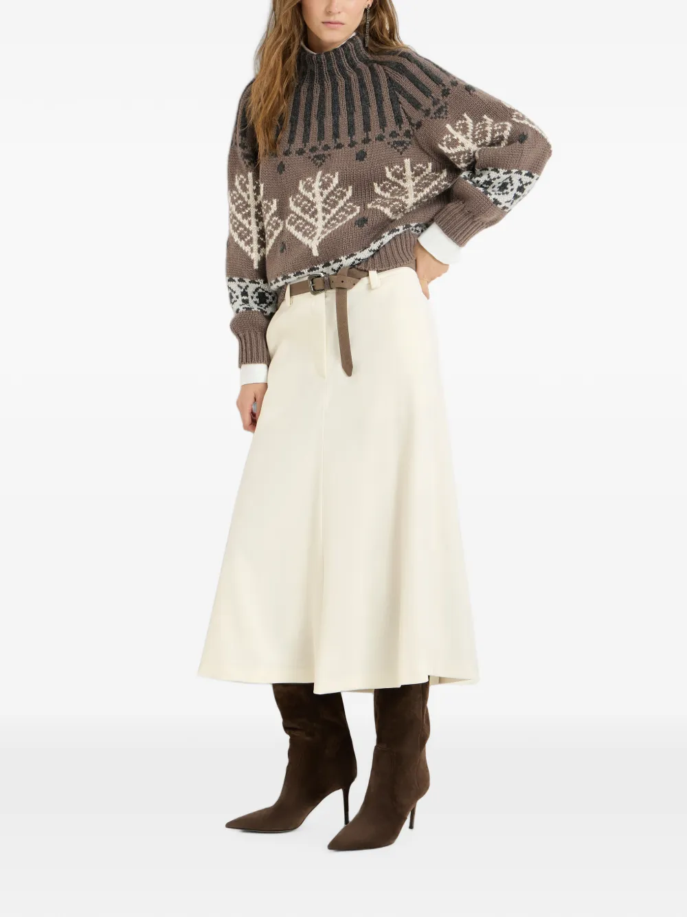 Brunello Cucinelli Comfort gabardine rok van scheerwol met Monili en flared zoom Beige