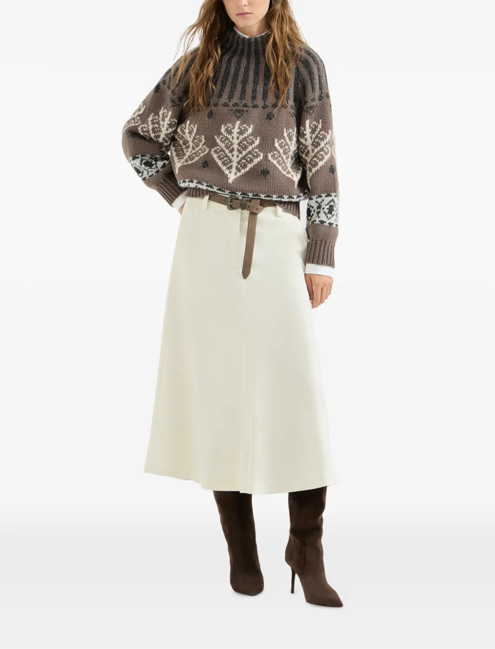 Brunello Cucinelli Comfort gabardine rok van scheerwol met Monili en flared zoom Beige