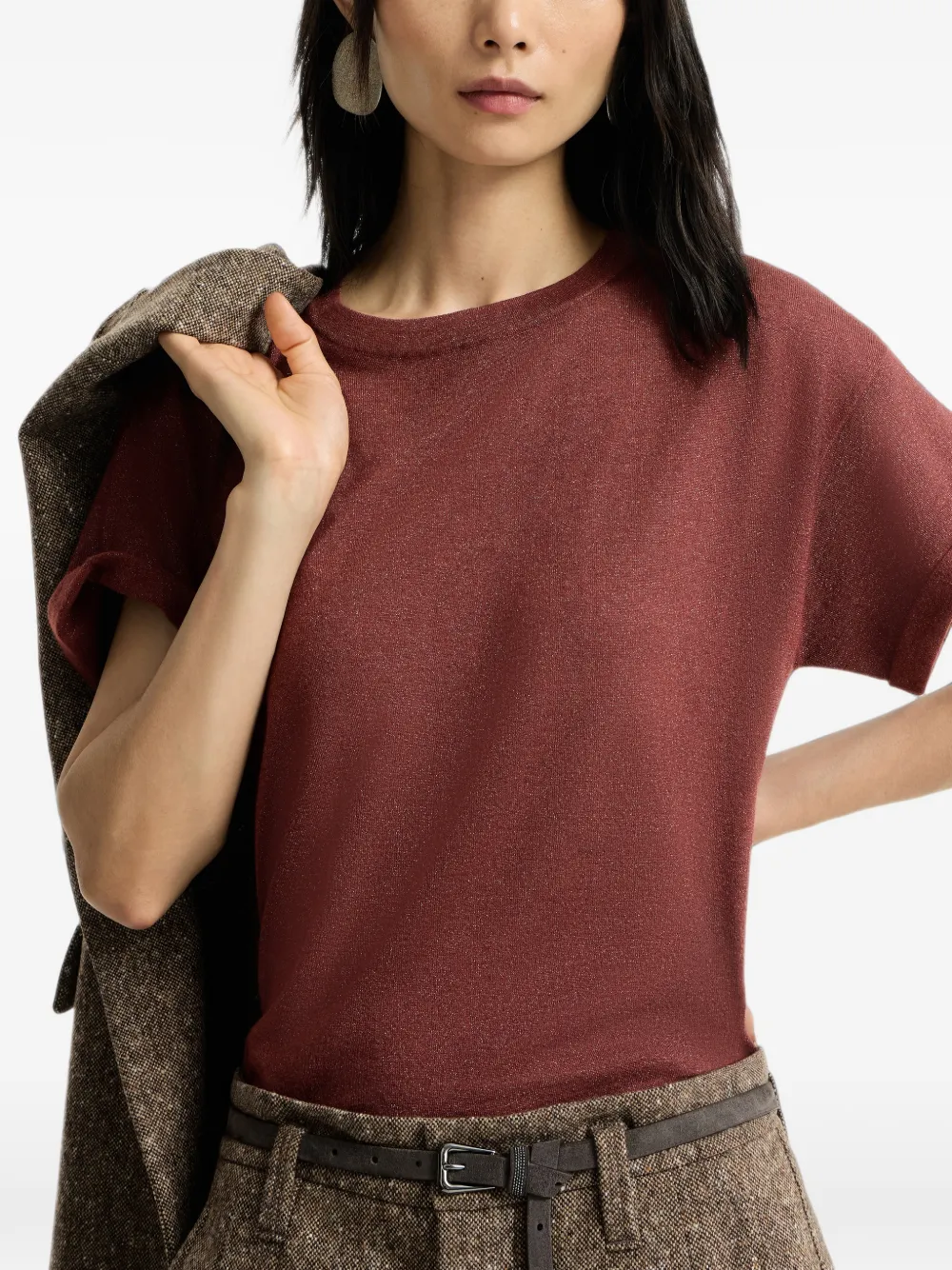 Brunello Cucinelli Lichtgewicht gebreid T-shirt van kasjmier en zijde Rood
