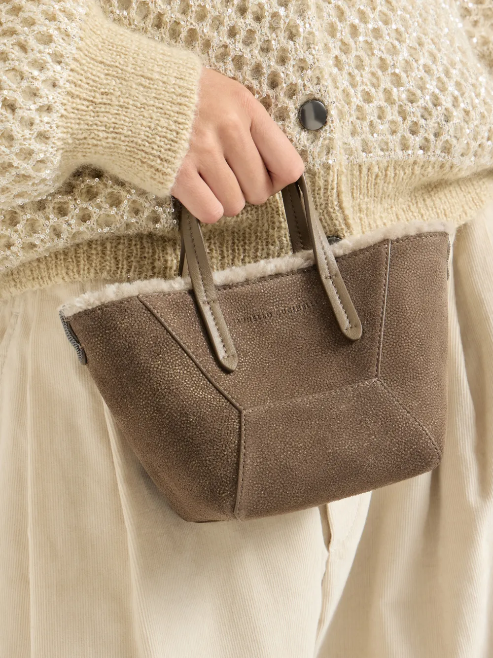 Brunello Cucinelli Duo leren mini-tas met glanzende textuur en Monili Bruin