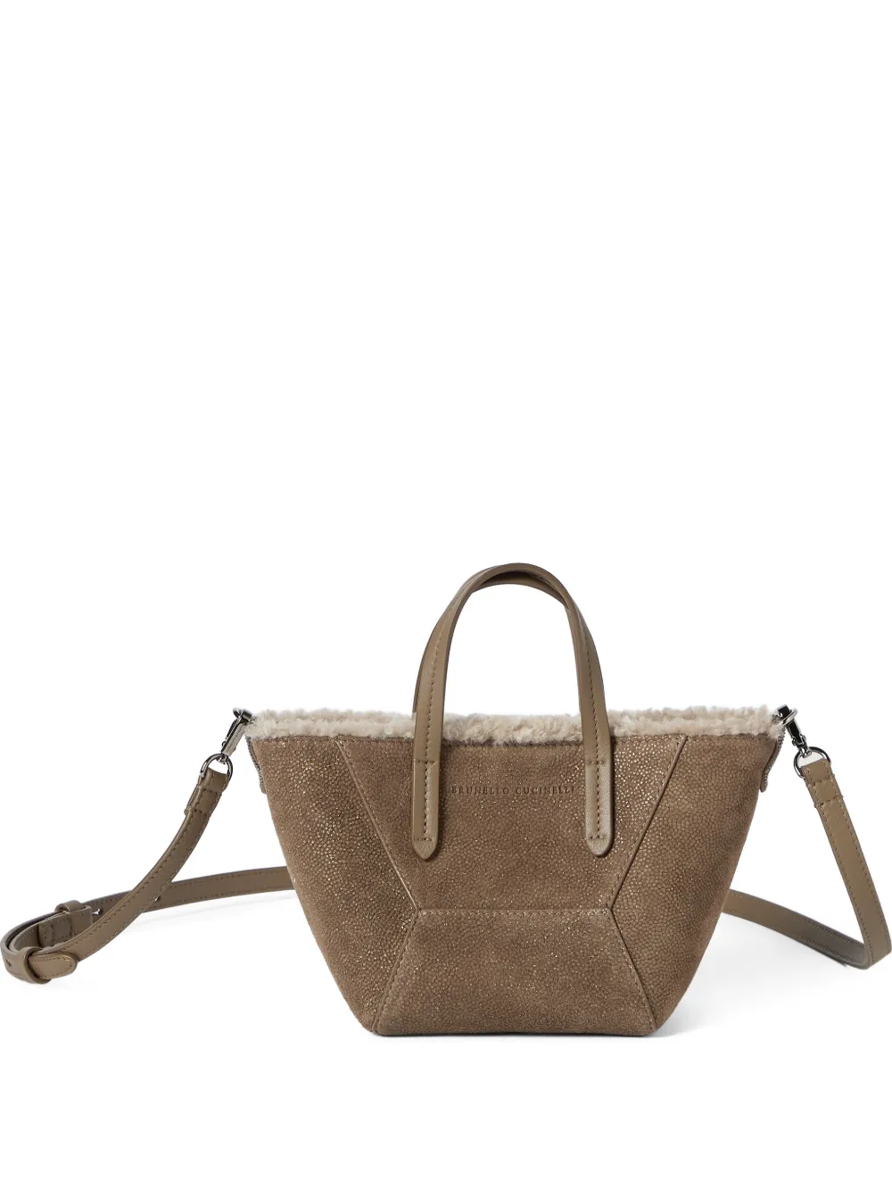 Brunello Cucinelli Borsa Duo mini in pelle scintillante con fodera in merino-shearling e Monili - Marrone