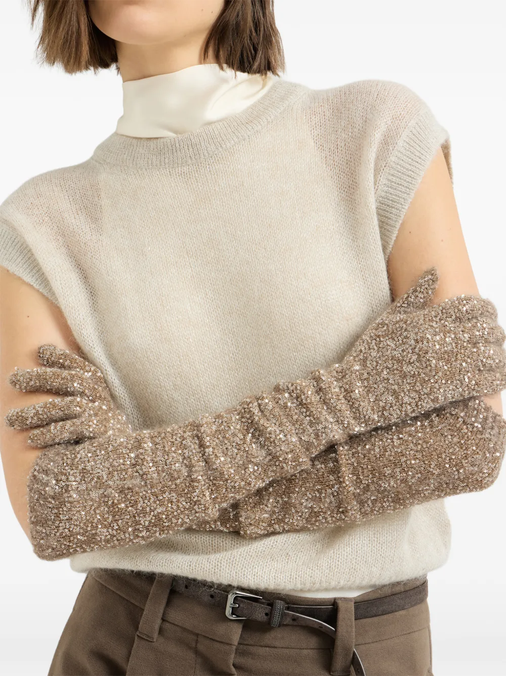 Brunello Cucinelli Gebreide handschoenen verfraaid met pailletten Beige