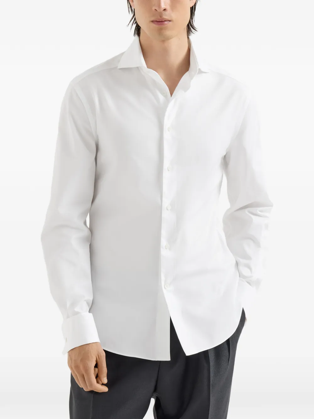 Brunello Cucinelli Sea Island katoenen twill overhemd met Italiaanse kraag Wit