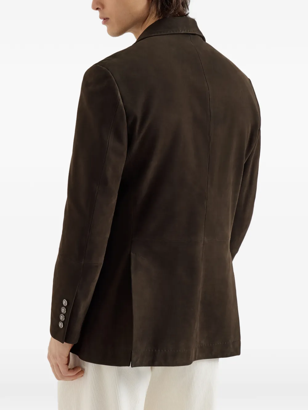 Brunello Cucinelli Nubuck blazer met puntige revers en metalen knopen Bruin