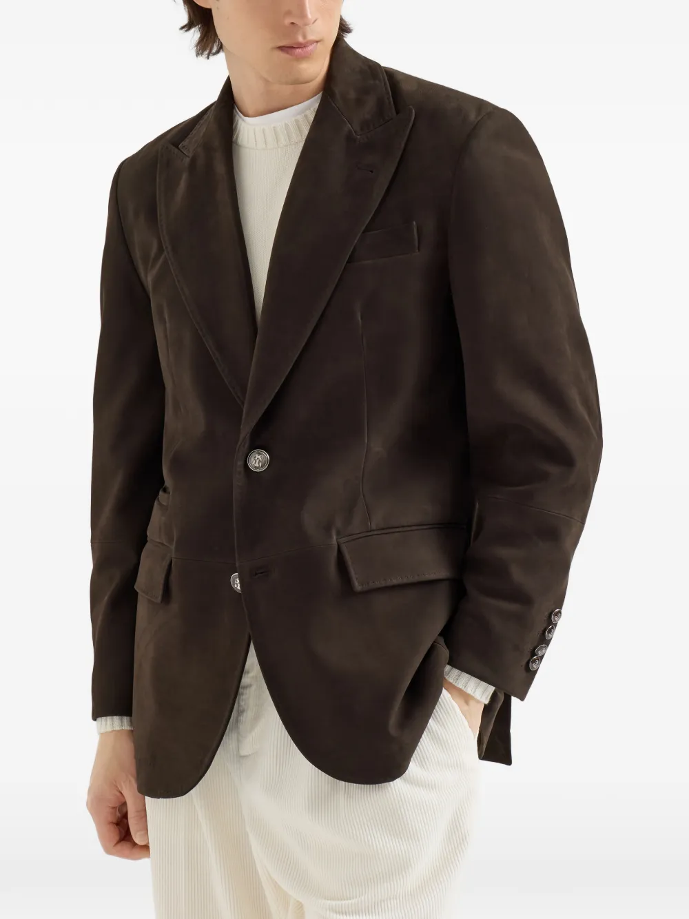 Brunello Cucinelli Nubuck blazer met puntige revers en metalen knopen Bruin