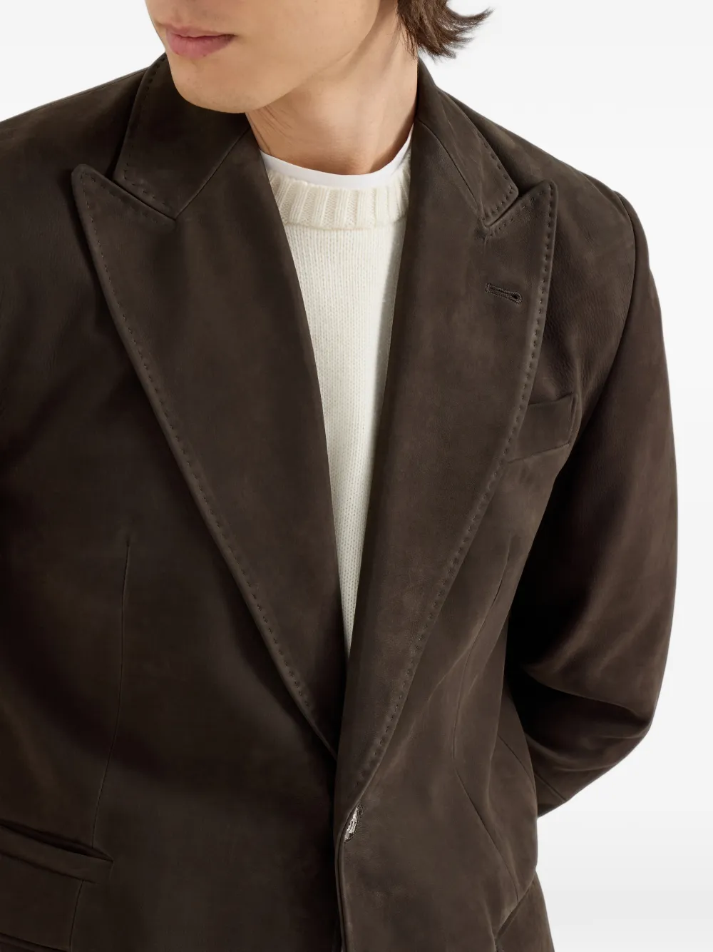 Brunello Cucinelli Nubuck blazer met puntige revers en metalen knopen Bruin