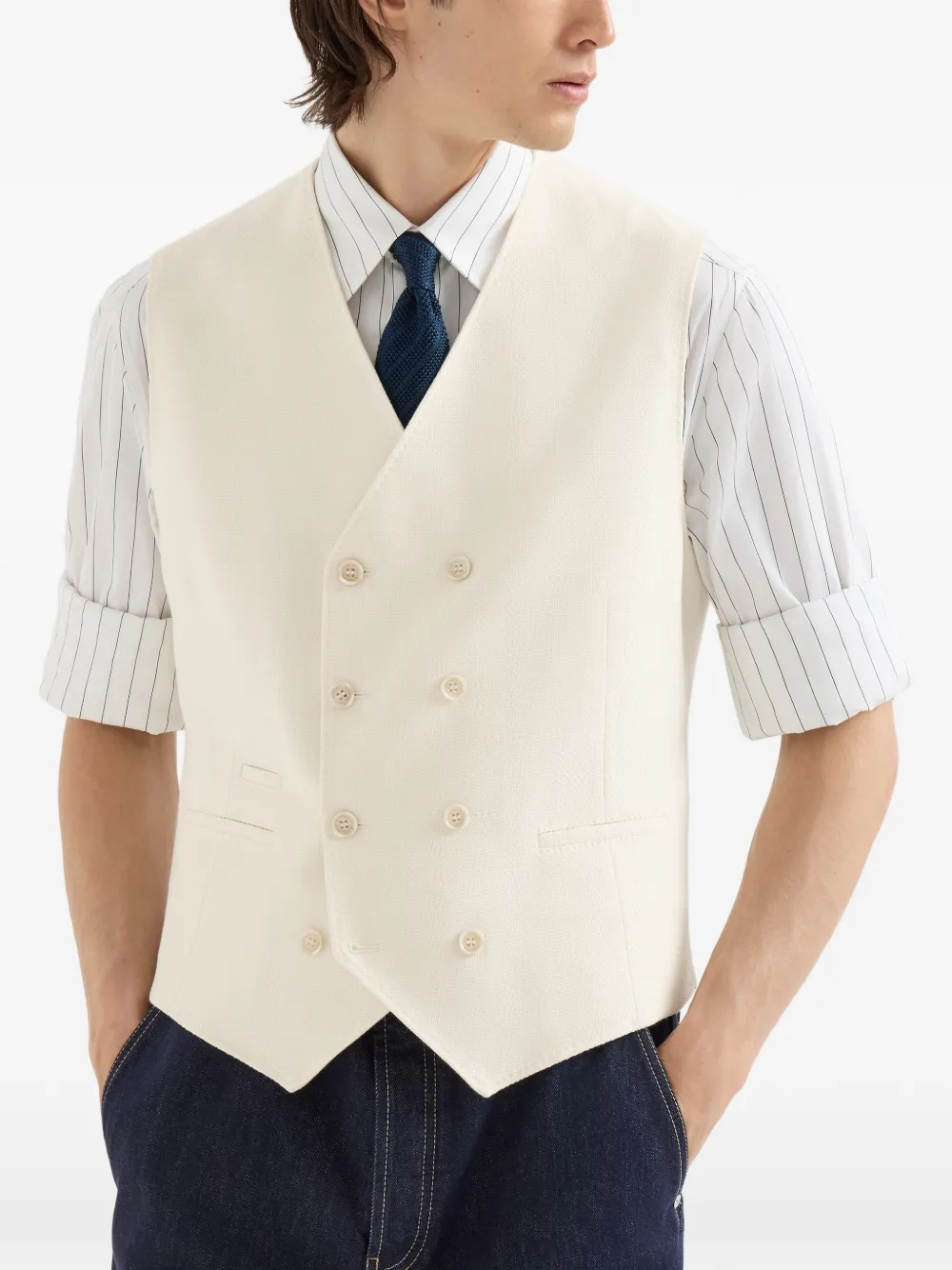 Brunello Cucinelli Bodywarmer van scheerwol en katoen met chevron-patroon Beige