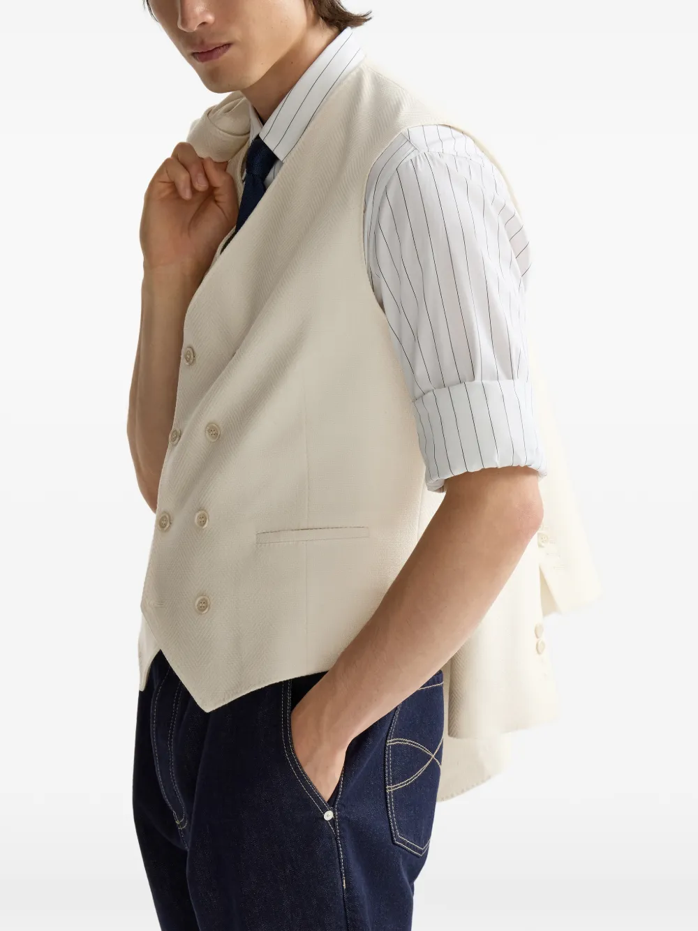 Brunello Cucinelli Bodywarmer van scheerwol en katoen met chevron-patroon Beige