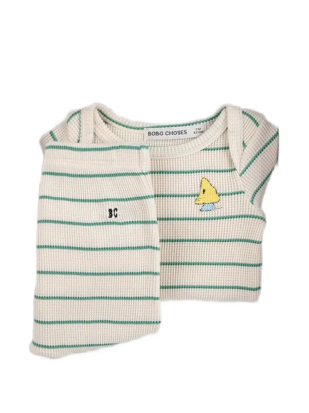 Bobo Choses Gestreepte wafelgebreide pyjama Beige