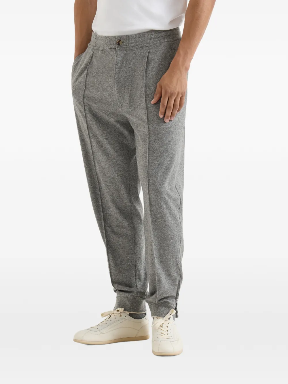 Brunello Cucinelli Kasjmier jerseybroek met crête-detail en enkelboorden met rits Grijs
