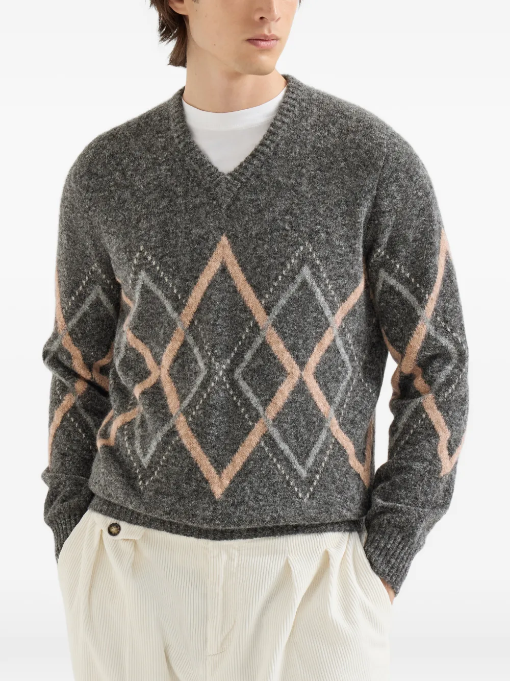 Brunello Cucinelli Trui van alpaca kasjmier en wol met argyle intarsia Grijs
