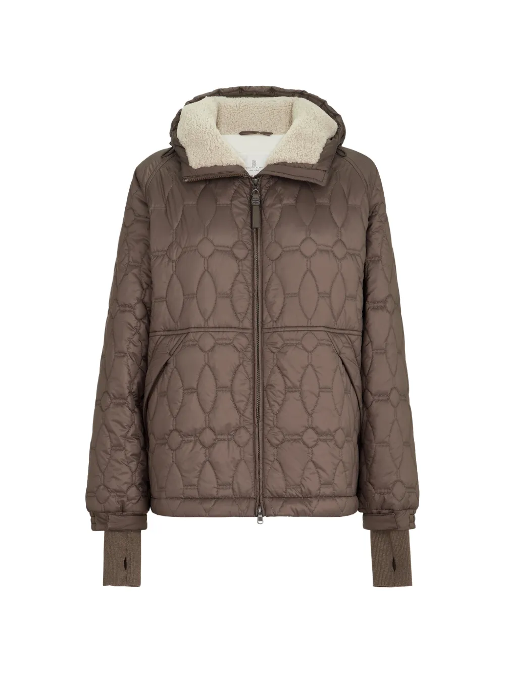 Brunello Cucinelli water-resistant matte nylon outerwear jacket with Thermore® padding, shearling and shiny zipper pull - Brown