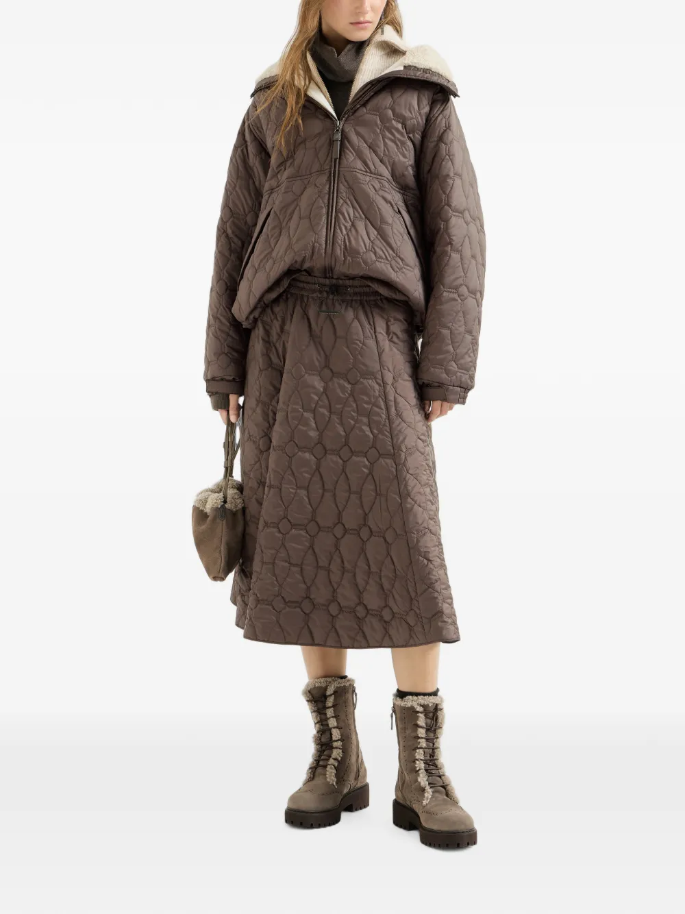 Brunello Cucinelli Waterdicht jack van mat nylon met Thermore -vulling lammy en glanzende ritstrekker Bruin