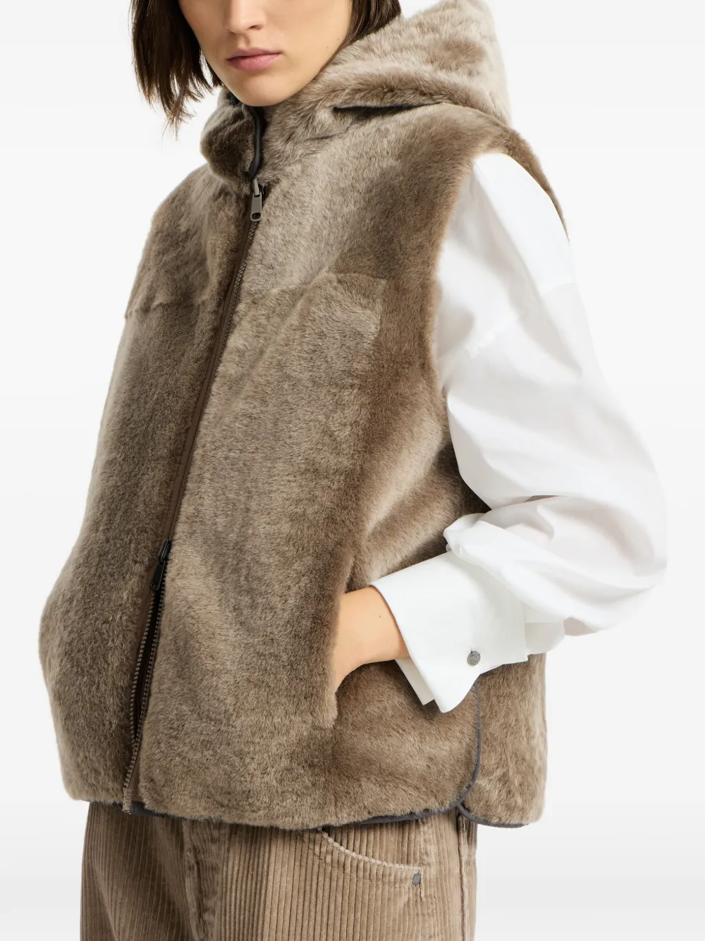 Brunello Cucinelli shearling reversible vest with Thermore padding and hood Bruin