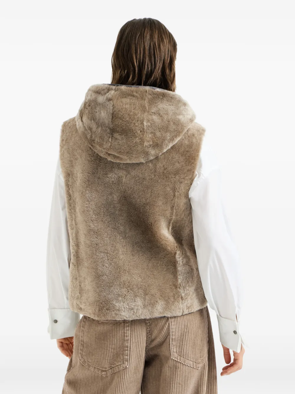Brunello Cucinelli shearling reversible vest with Thermore padding and hood Bruin