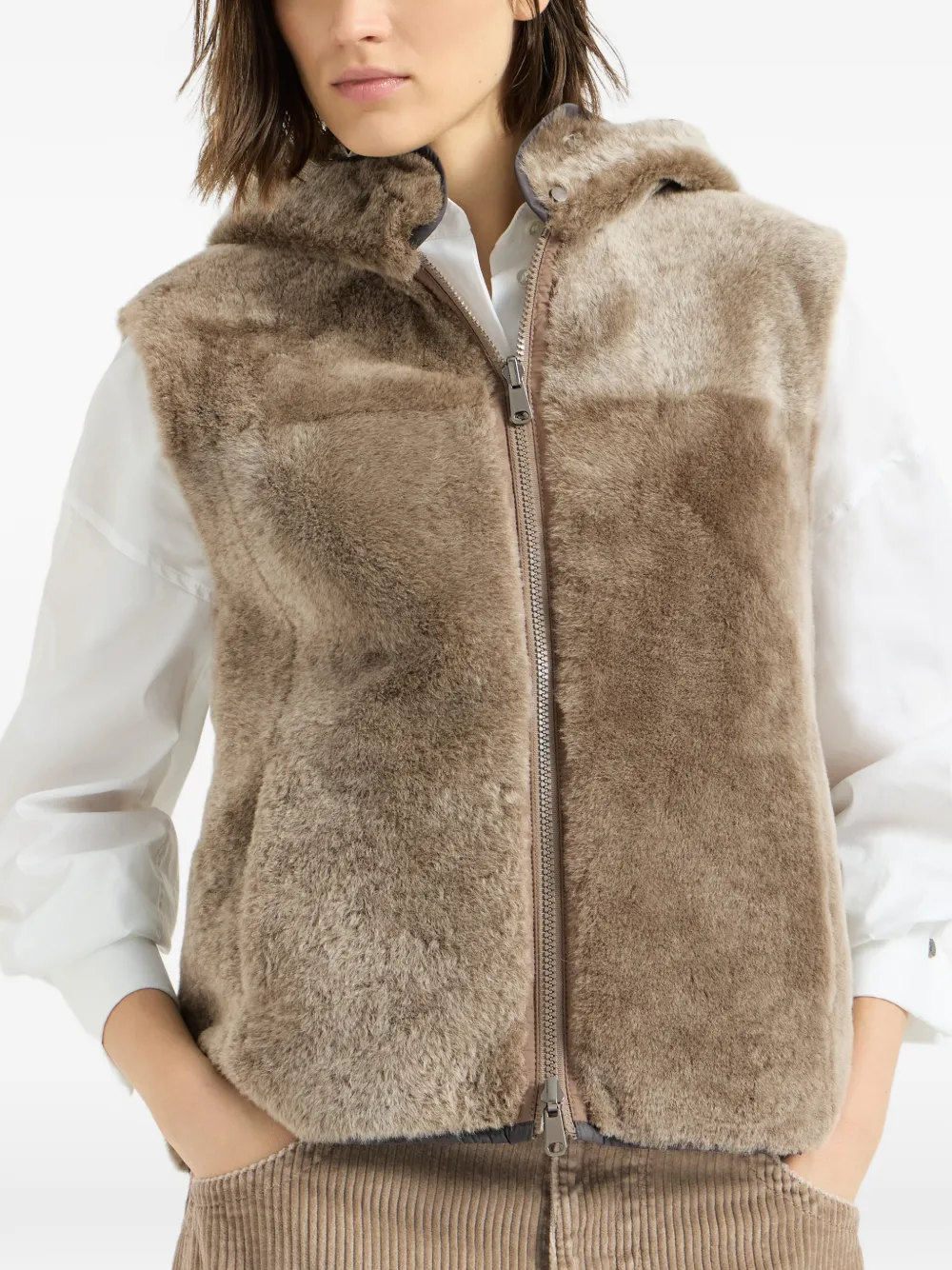 Brunello Cucinelli shearling reversible vest with Thermore padding and hood Bruin