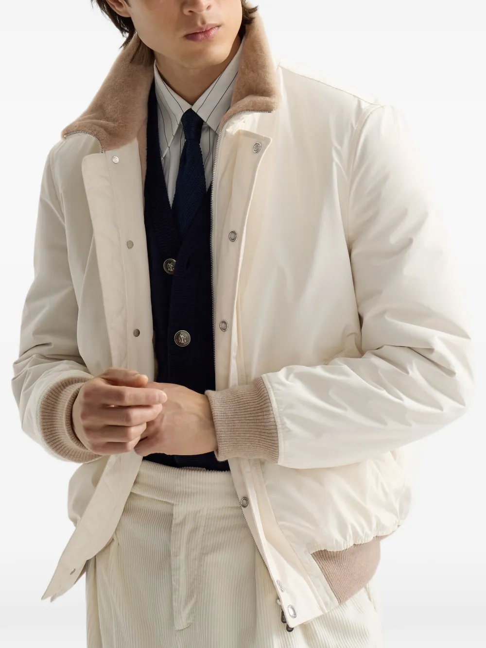 Brunello Cucinelli Gelamineerd nylon aviatorjack met lammy voering Beige