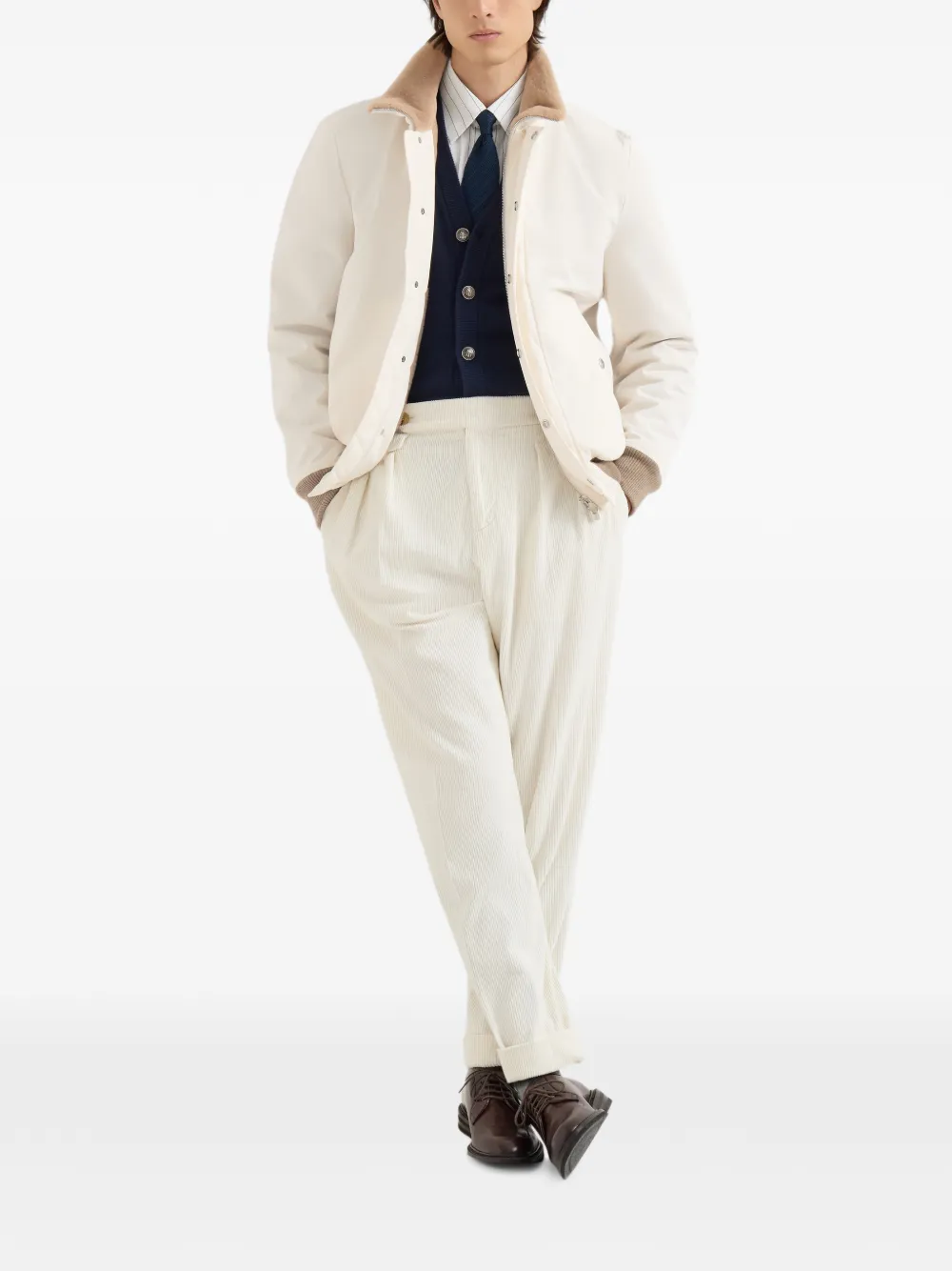 Brunello Cucinelli Gelamineerd nylon aviatorjack met lammy voering Beige
