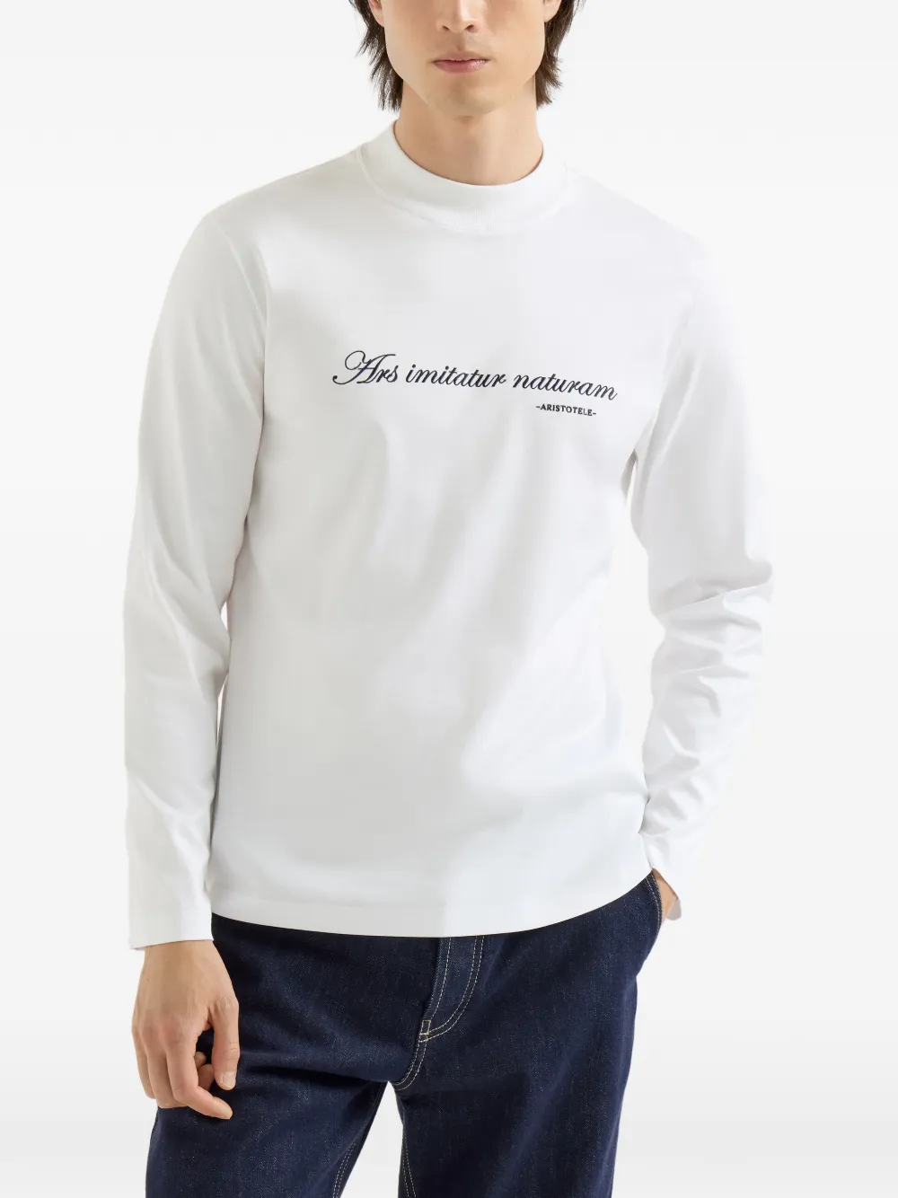 Brunello Cucinelli T-shirt met opstaande hals lange mouwen en borduurwerk Wit