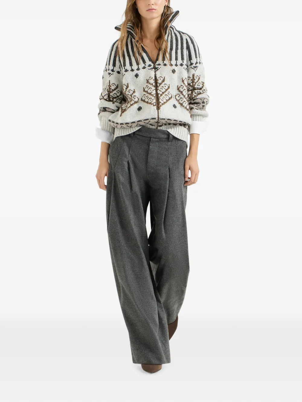 Brunello Cucinelli Flanellen plooibroek van scheerwol en kasjmier-twill met ballonpijpen en Monili Grijs