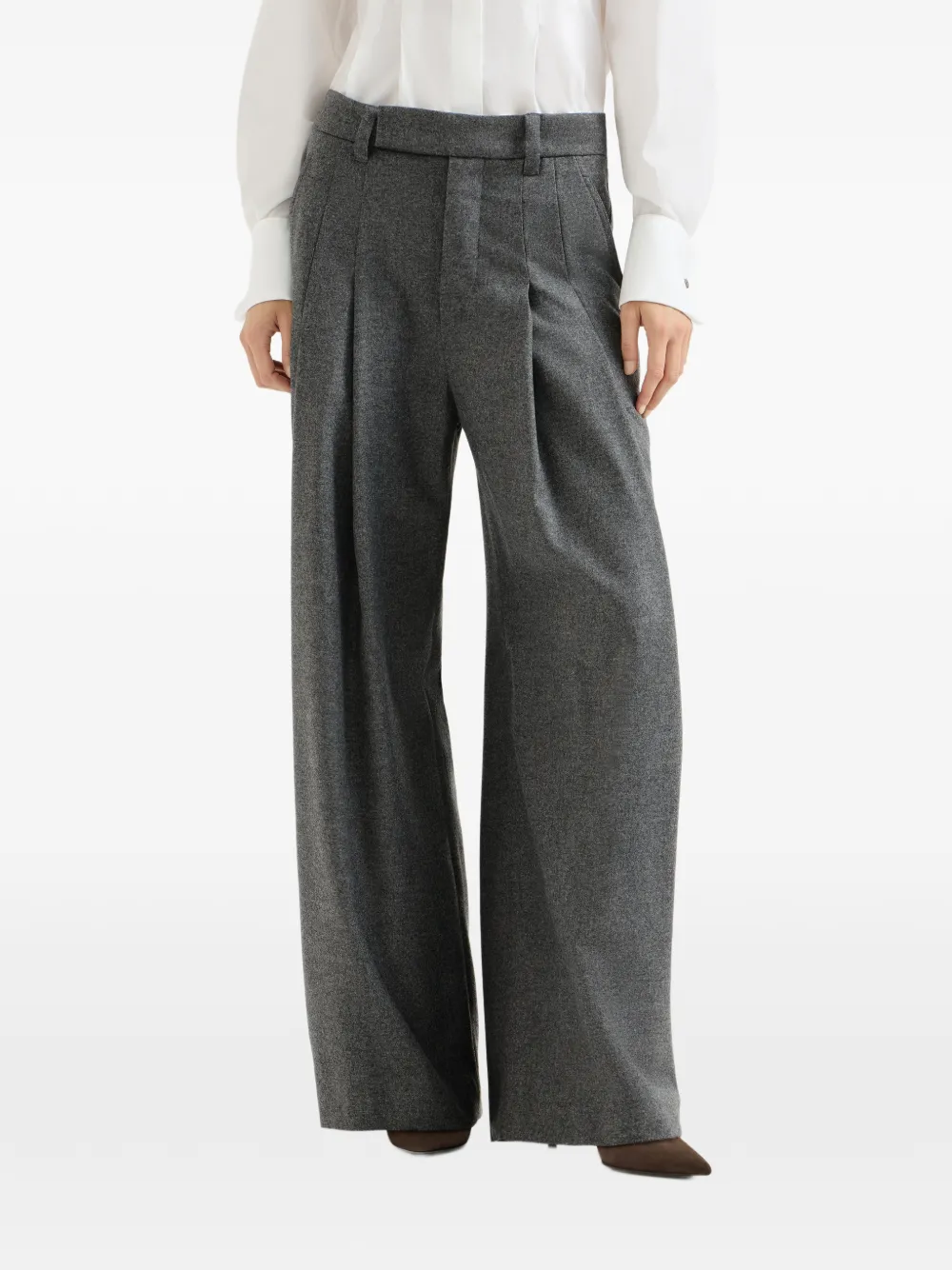 Brunello Cucinelli Flanellen plooibroek van scheerwol en kasjmier-twill met ballonpijpen en Monili Grijs