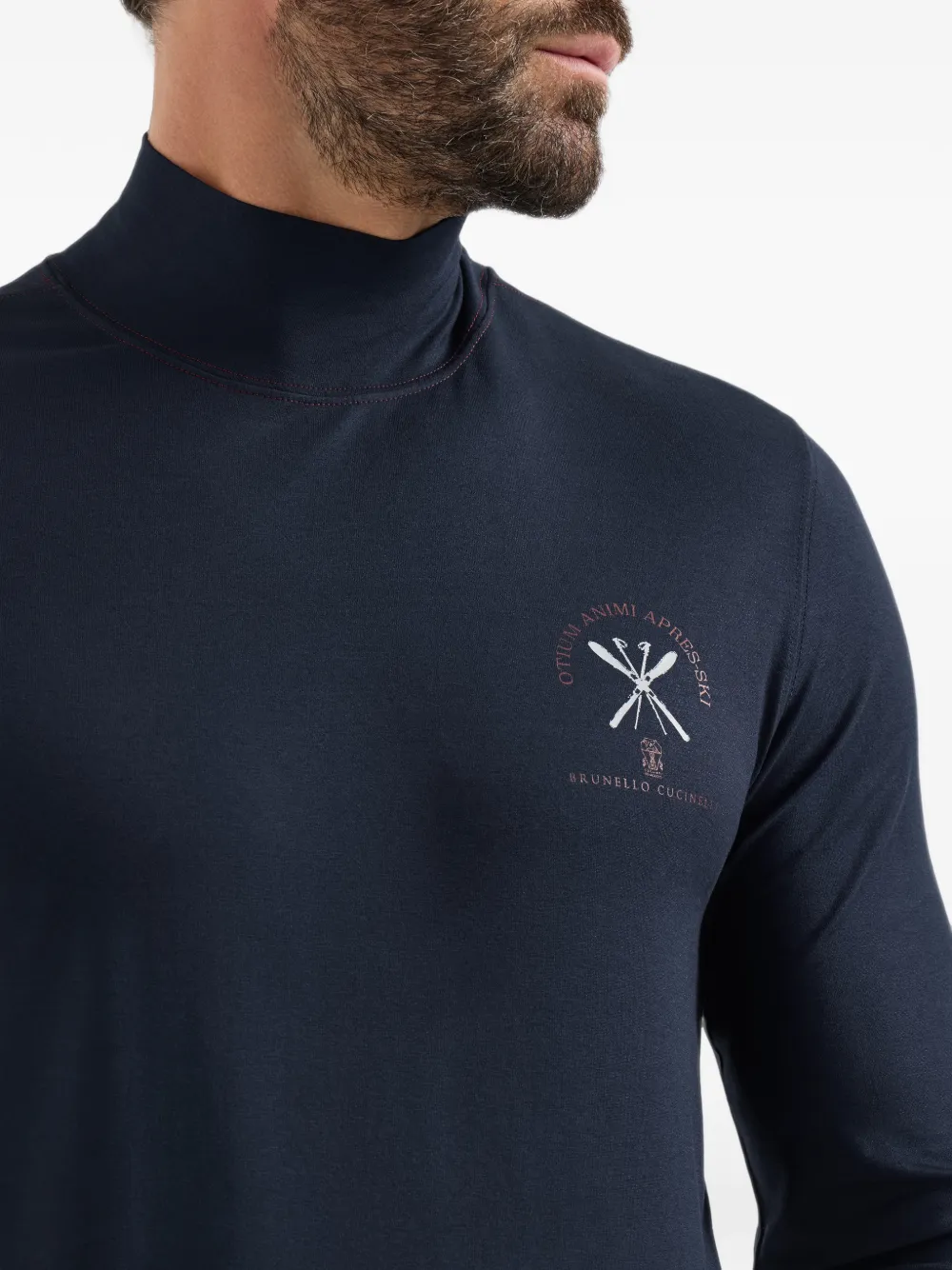 Brunello Cucinelli Comfort zijden jersey T-shirt met lange mouwen en borduurwerk Blauw