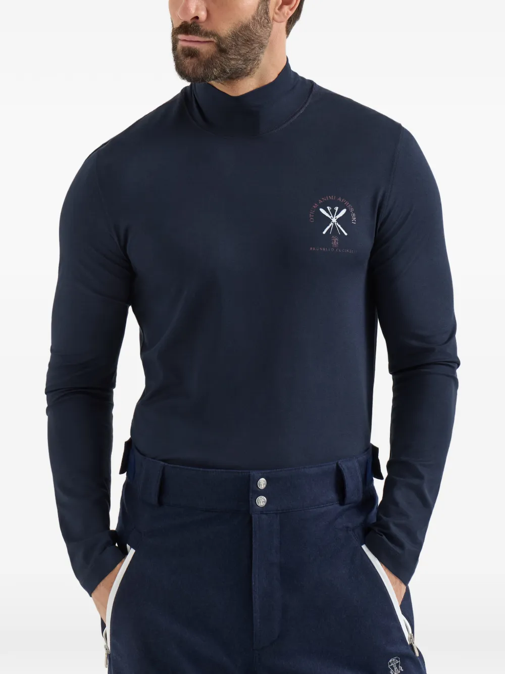 Brunello Cucinelli Comfort zijden jersey T-shirt met lange mouwen en borduurwerk Blauw