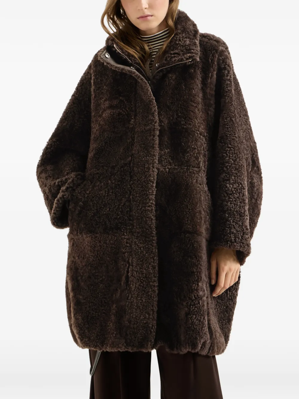 Brunello Cucinelli Pluizige jas met glanzende ritstrekker Bruin