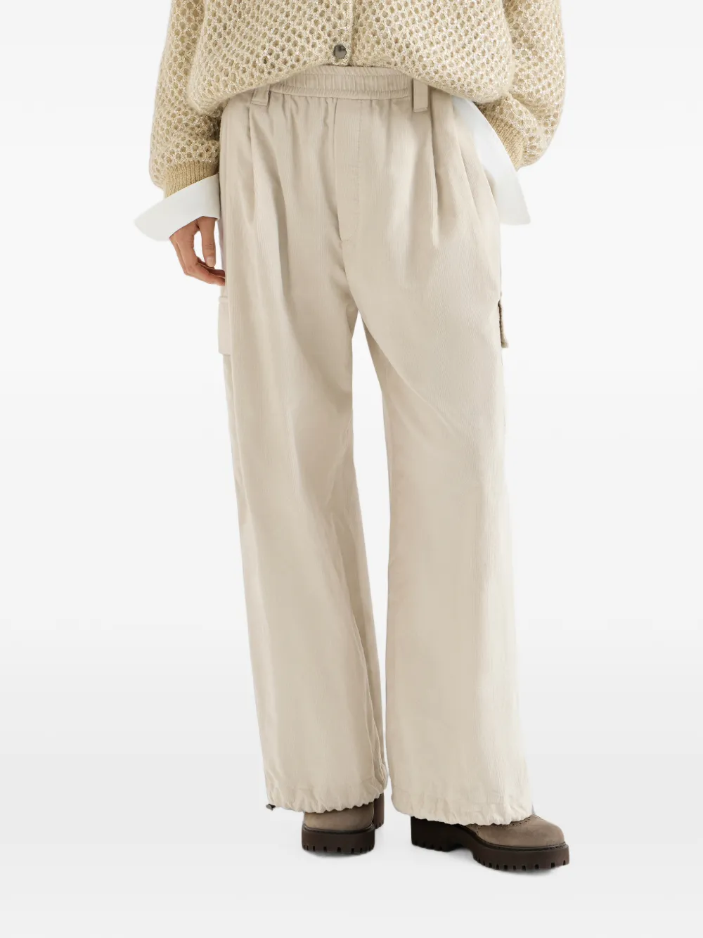 Brunello Cucinelli Techno katoenen en kasjmier ribfluwelen baggy cargobroek Beige