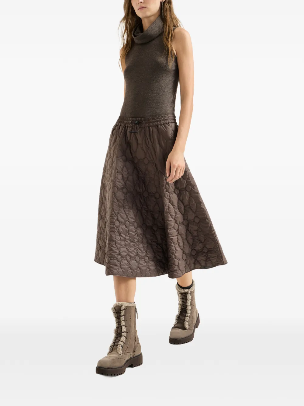 Brunello Cucinelli Gewatteerde midi-rok met matte afwerking Bruin