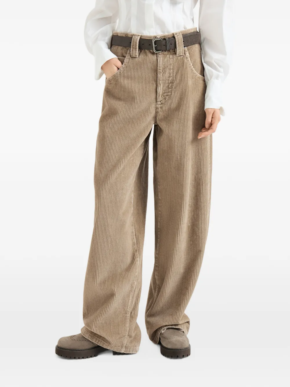 Brunello Cucinelli Katoenen-ribfluwelen baggy broek met Monili Beige