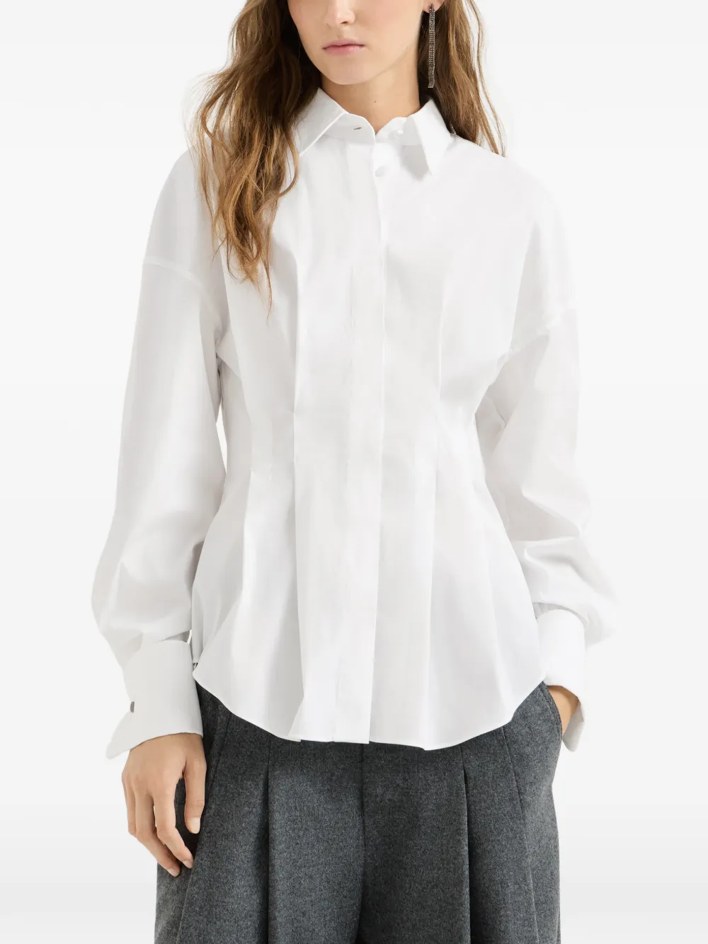 Brunello Cucinelli Stretch blouse van katoenen popeline met plooien Wit