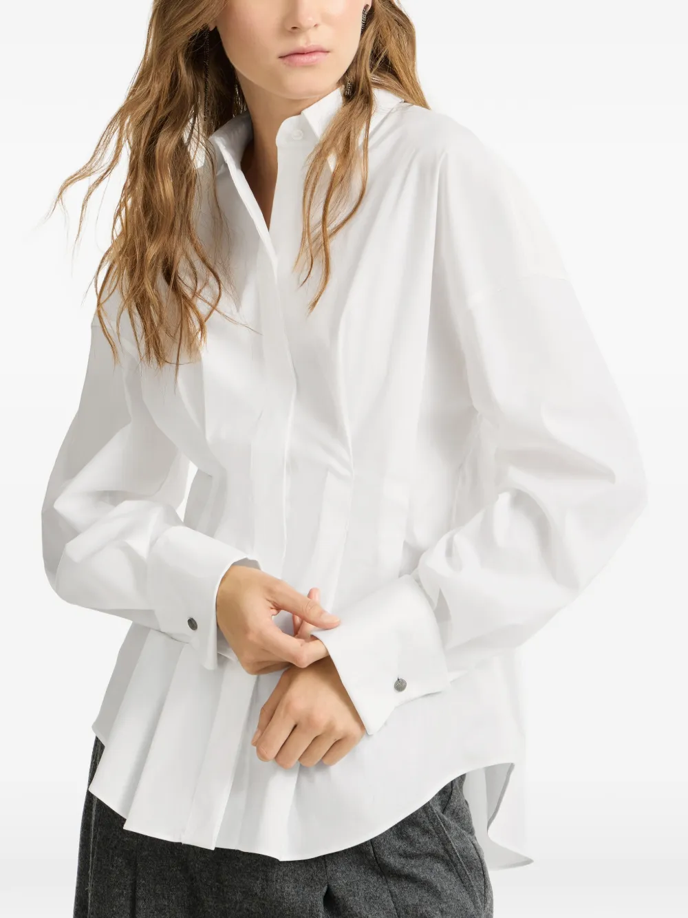 Brunello Cucinelli Stretch blouse van katoenen popeline met plooien Wit