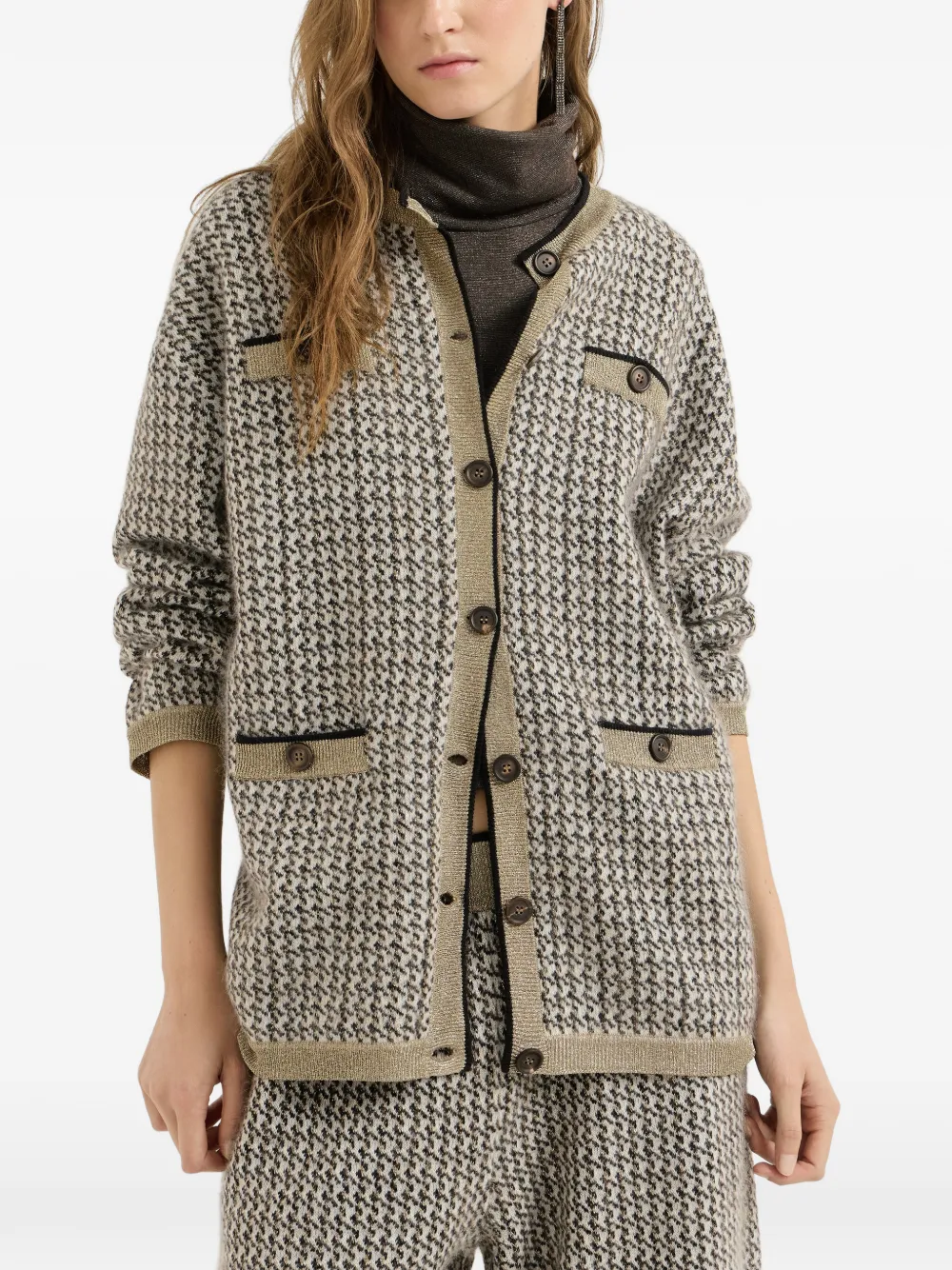 Brunello Cucinelli Vest met pied-de-poule print Beige