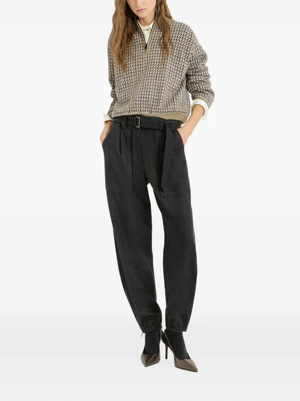Brunello Cucinelli Ruimvallende flanellen cargobroek van scheerwol en kasjmier-twill met Monili Grijs