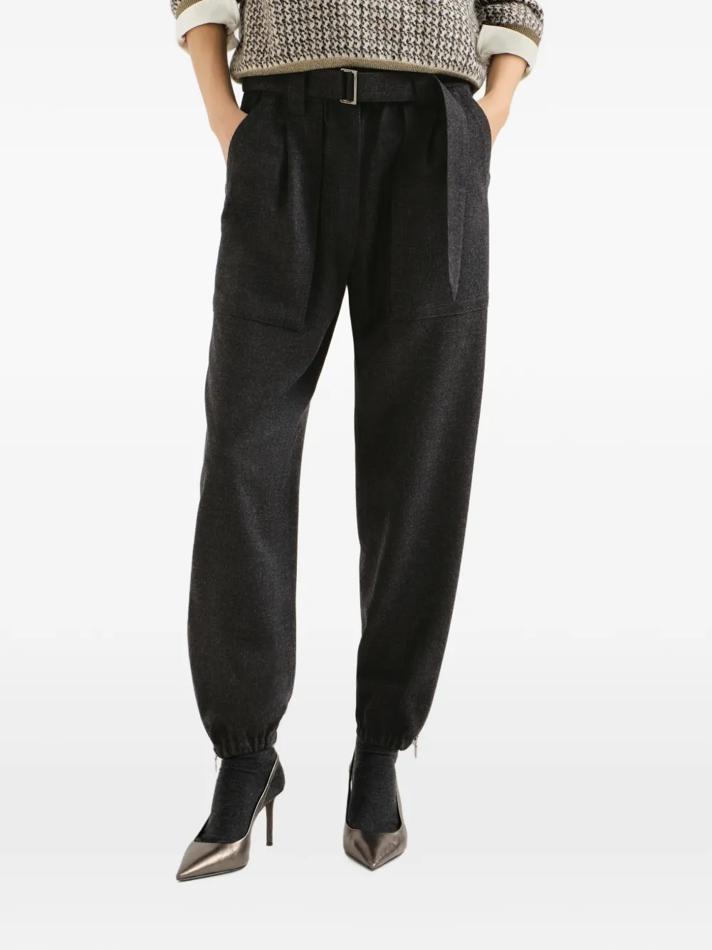 Brunello Cucinelli Ruimvallende flanellen cargobroek van scheerwol en kasjmier-twill met Monili Grijs