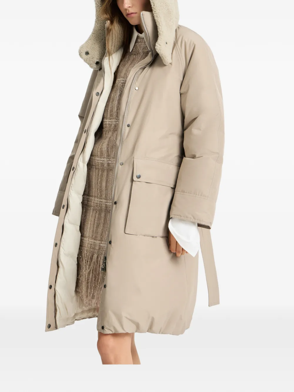 Brunello Cucinelli Jas met capuchon en ceintuur Beige