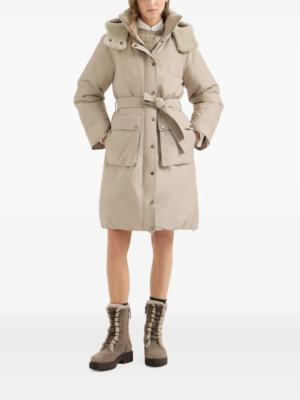 Brunello Cucinelli Jas met capuchon en ceintuur Beige