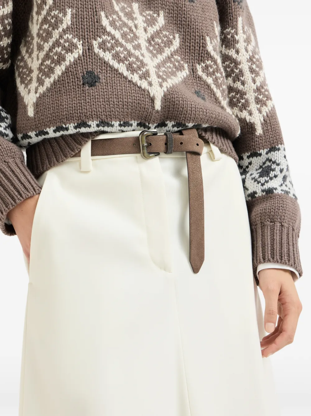 Brunello Cucinelli Leren riem met glanzende textuur en Monili Bruin