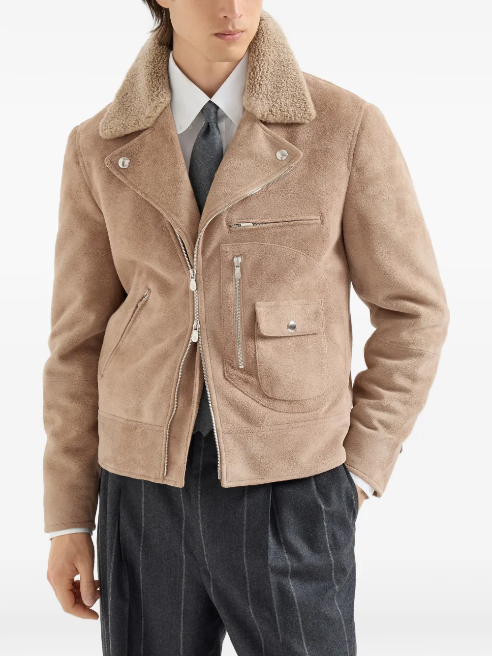 Brunello Cucinelli Suède bikerjack met Thermore -vulling en afneembare lammy kraag Beige
