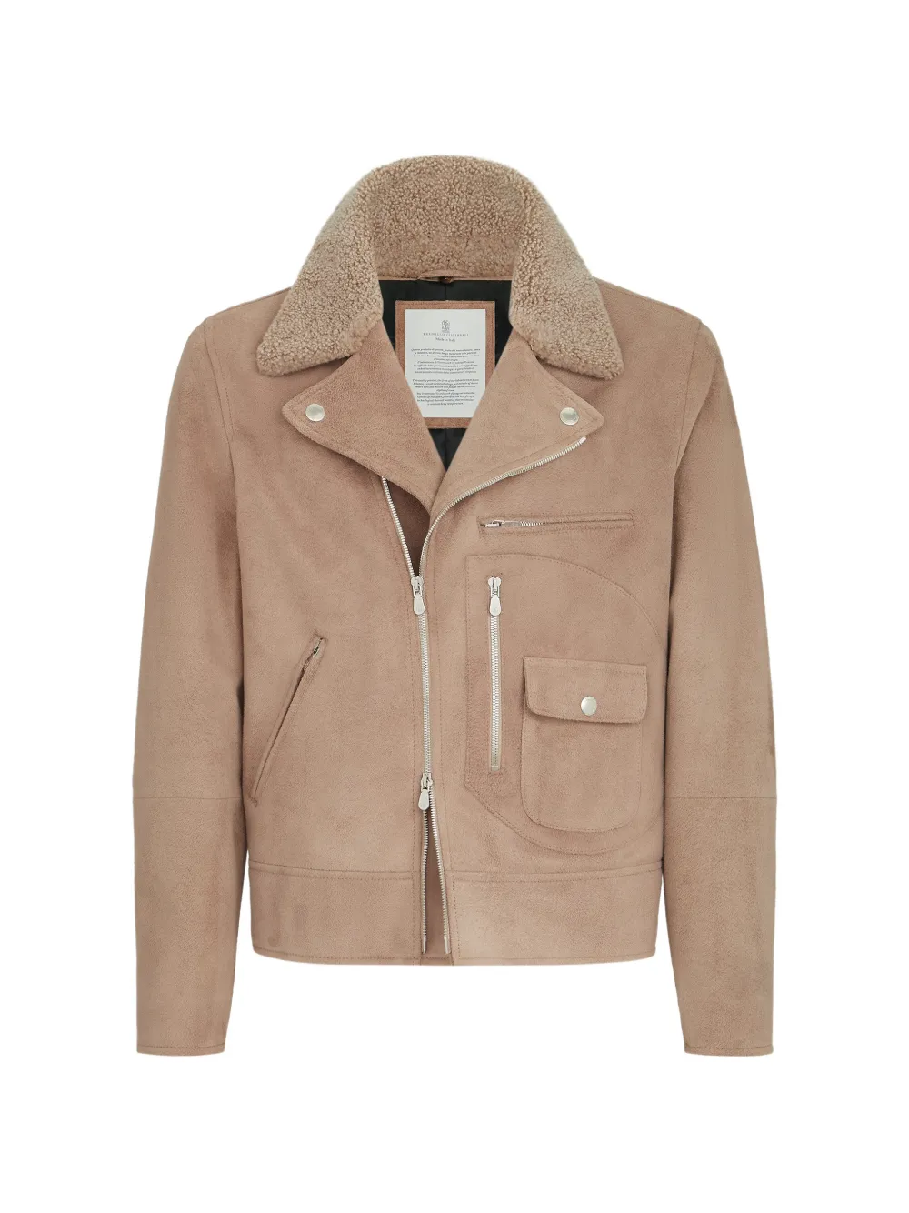 Brunello Cucinelli suede biker jacket with Thermore® padding and detachable shearling collar - Neutrals