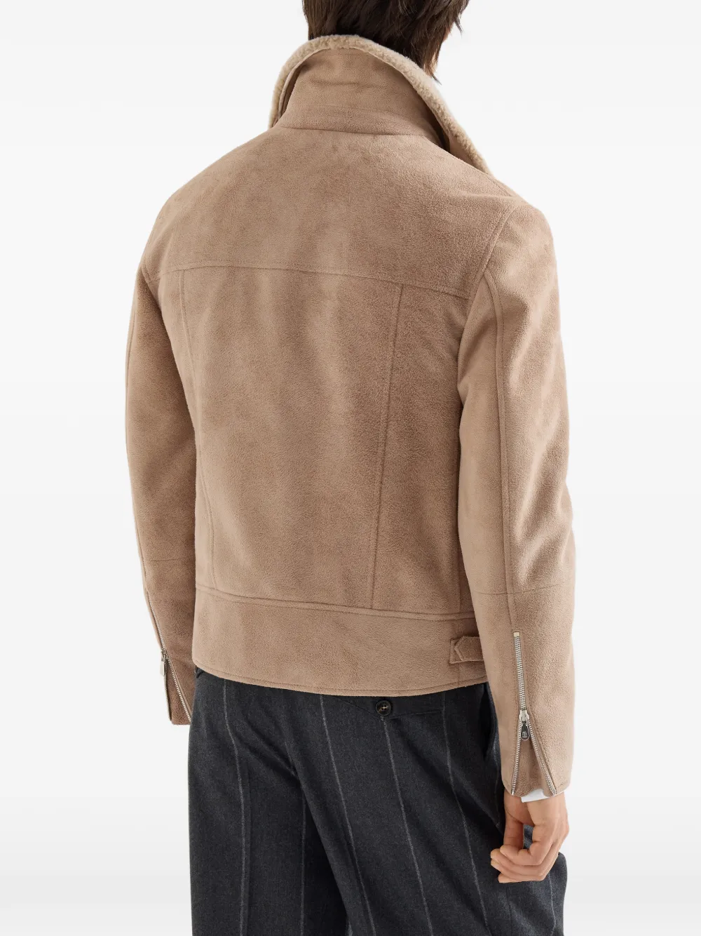 Brunello Cucinelli Suède bikerjack met Thermore -vulling en afneembare lammy kraag Beige