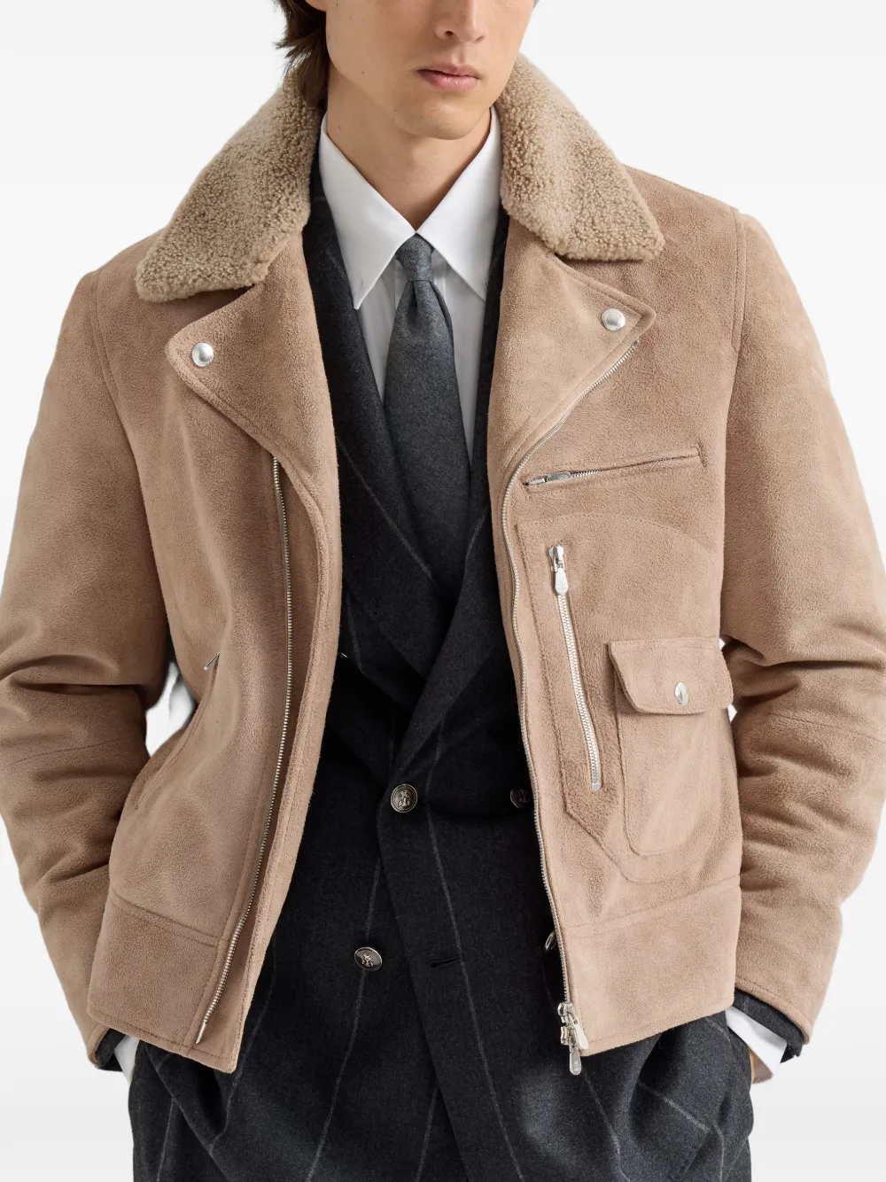 Brunello Cucinelli Suède bikerjack met Thermore -vulling en afneembare lammy kraag Beige