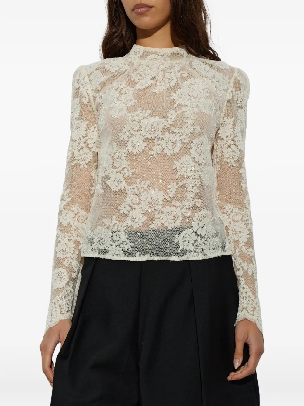 Self-Portrait Kanten top verfraaid met pailletten Beige
