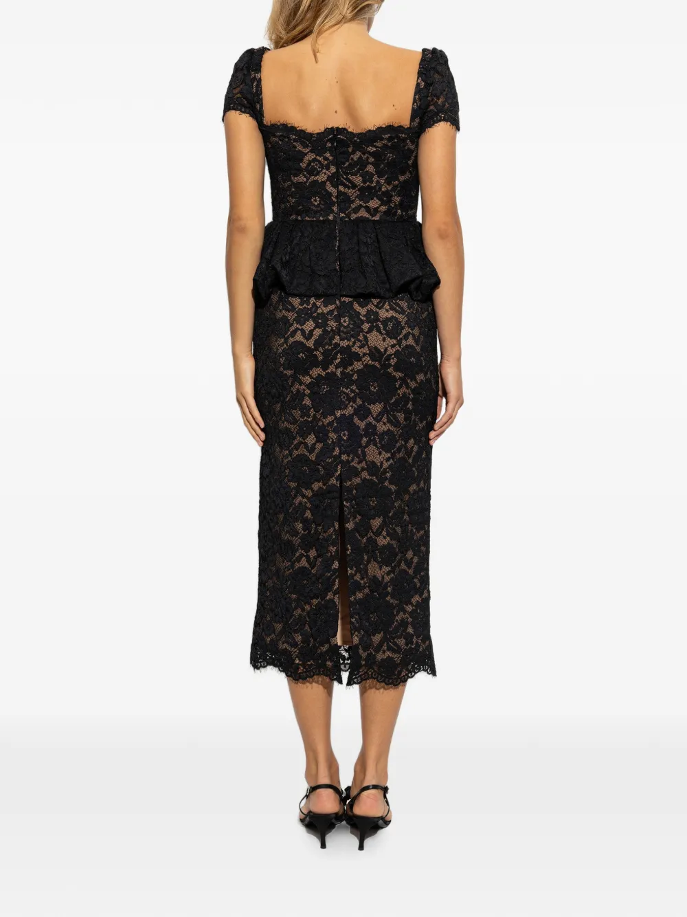 Self-Portrait Midi-jurk met kanten laag en peplum-taille Zwart