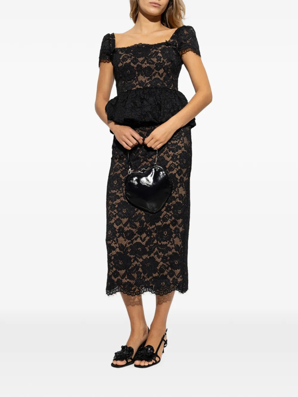 Self-Portrait Midi-jurk met kanten laag en peplum-taille Zwart