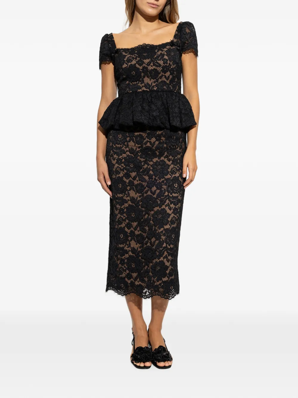 Self-Portrait Midi-jurk met kanten laag en peplum-taille Zwart