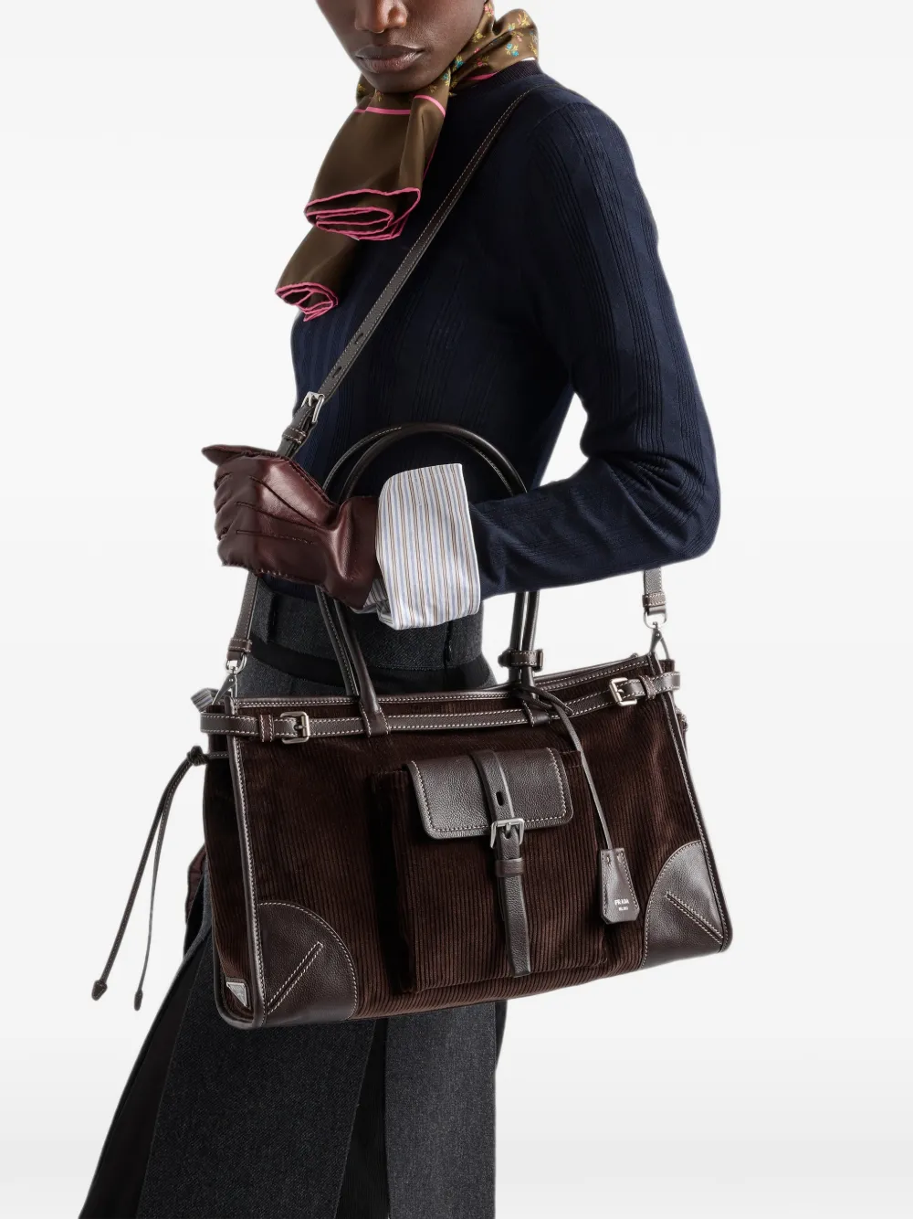 Prada Bonnie grote ribfluwelen en leren handtas Bruin