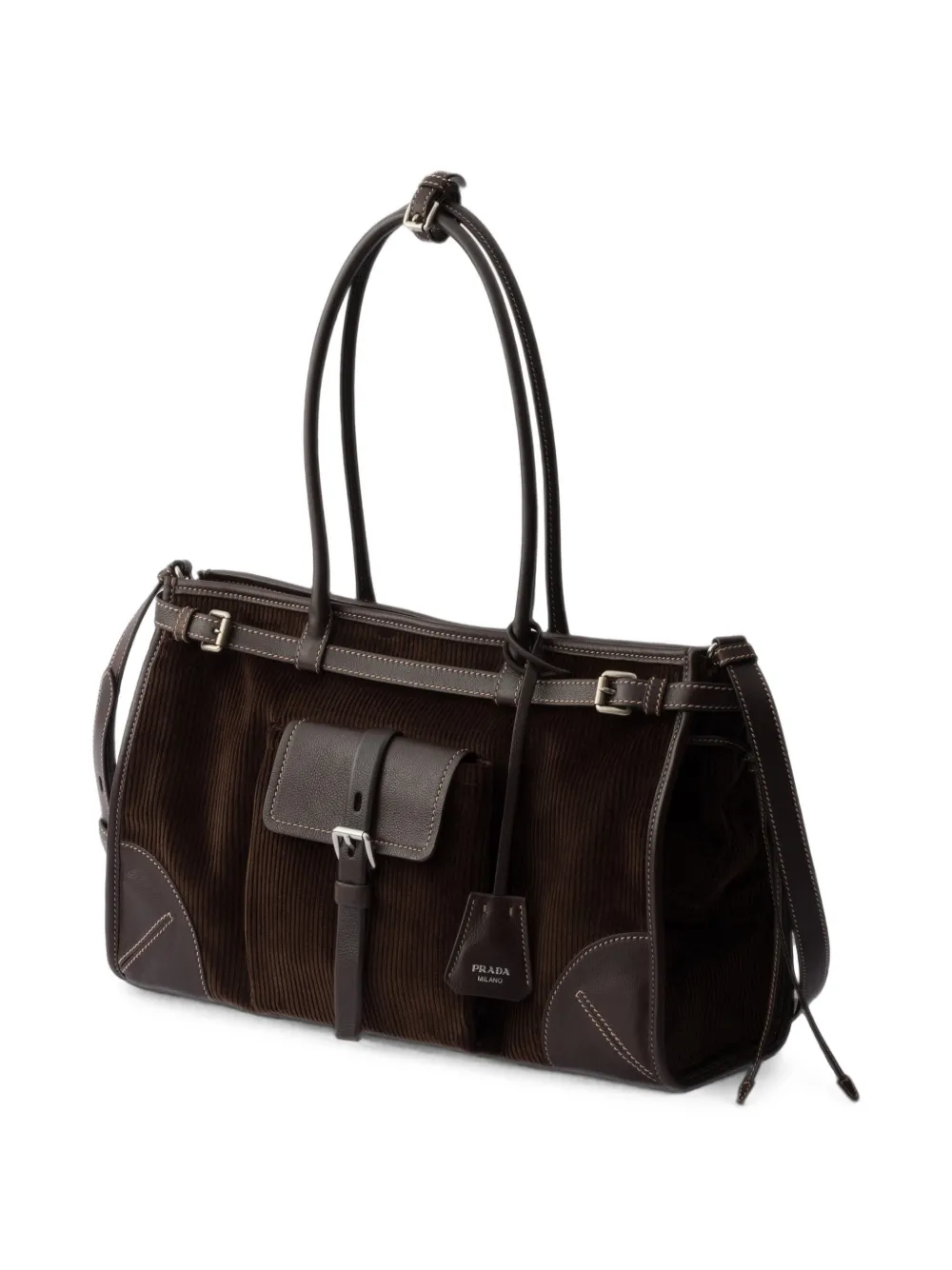 Prada Bonnie grote ribfluwelen en leren handtas Bruin