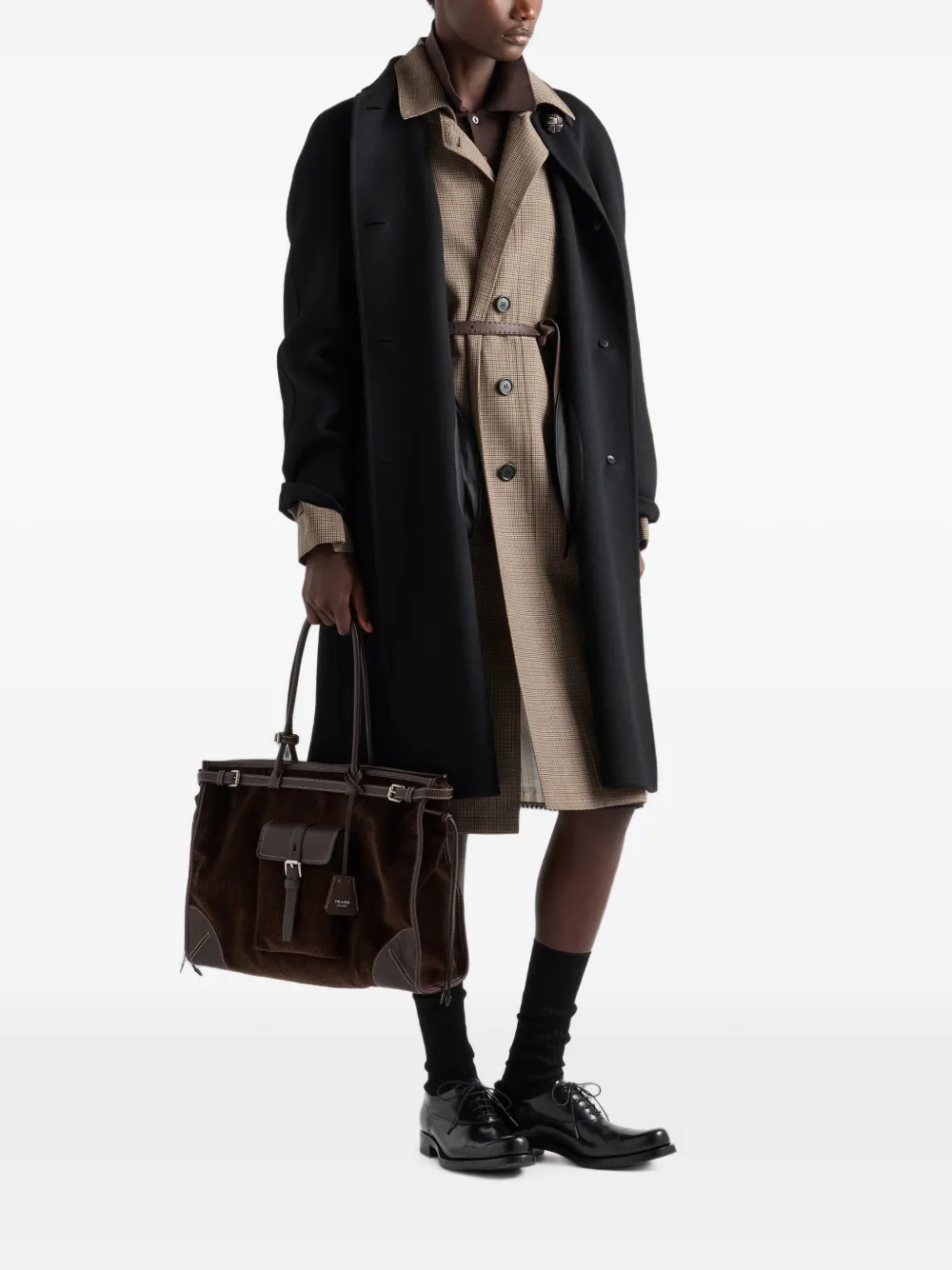 Prada Bonnie extra grote ribfluwelen en leren handtas Bruin